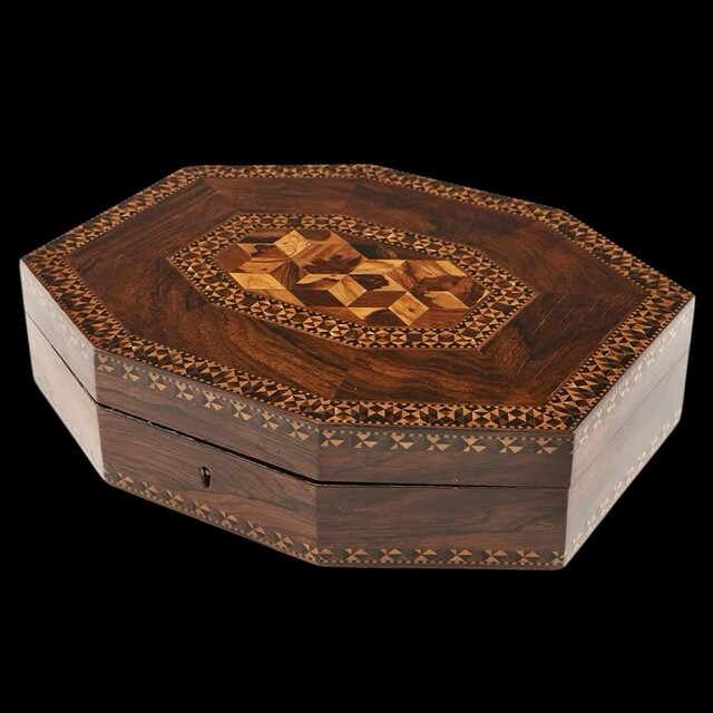 An English 19th Century Tunbridge Ware Octagonal Box with Cube Work and Geometric Stickwear. Ca 1840