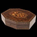 An English 19th Century Tunbridge Ware Octagonal Box with Cube Work and Geometric Stickwear. Ca 1840