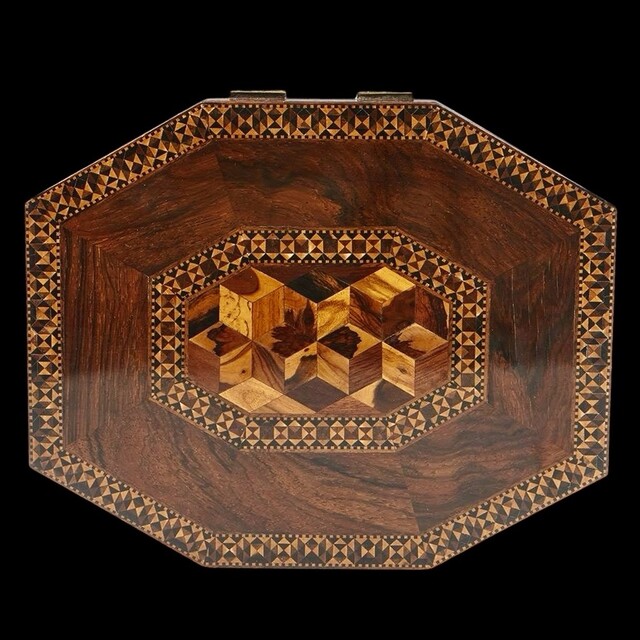 An English 19th Century Tunbridge Ware Octagonal Box with Cube Work and Geometric Stickwear. Ca 1840