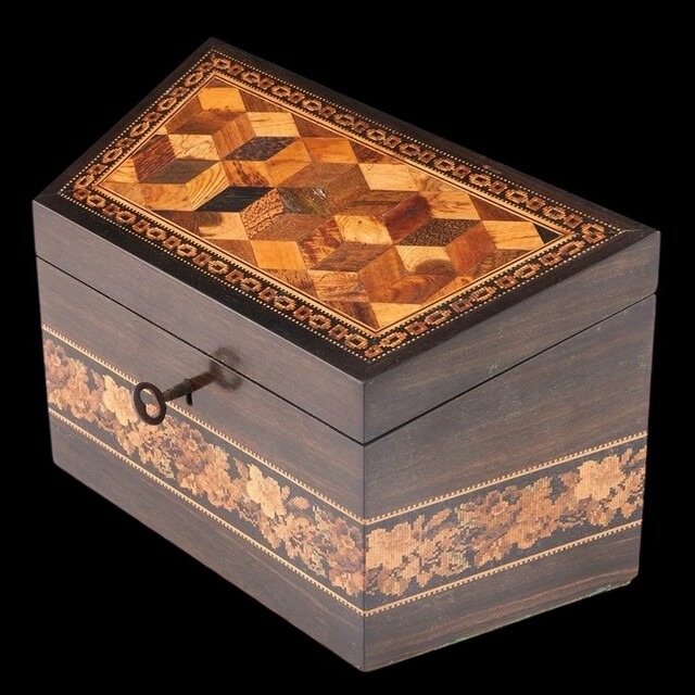 An English 19th Century Tunbridge Ware Stationary Box having Cube work and Floral Mosaic. Thomas Barton.