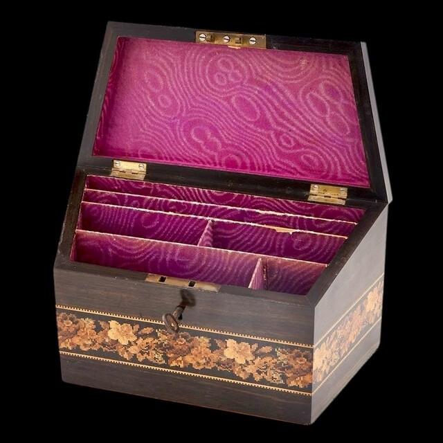 An English 19th Century Tunbridge Ware Stationary Box having Cube work and Floral Mosaic. Thomas Barton.