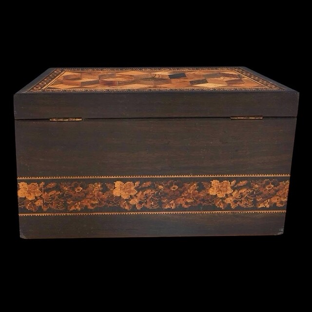 An English 19th Century Tunbridge Ware Stationary Box having Cube work and Floral Mosaic. Thomas Barton.