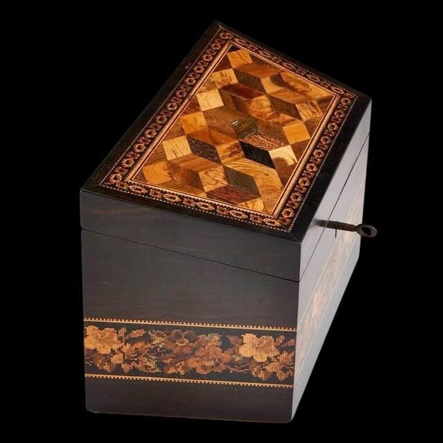 An English 19th Century Tunbridge Ware Stationary Box having Cube work and Floral Mosaic. Thomas Barton.