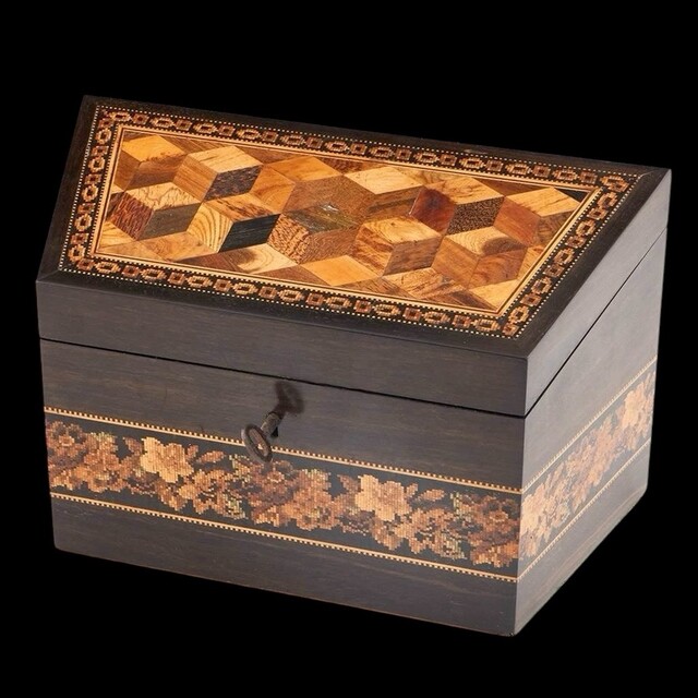 An English 19th Century Tunbridge Ware Stationary Box having Cube work and Floral Mosaic. Thomas Barton.
