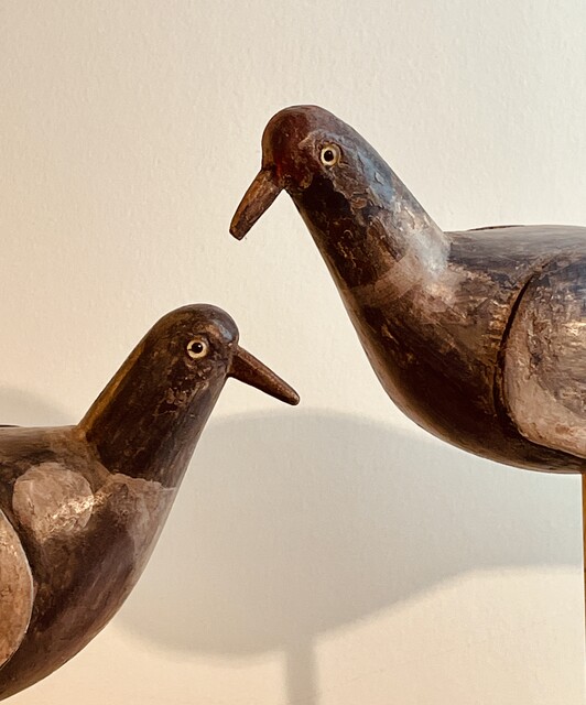 An English Antique Pair of Hand Carved Wooden Decoy Pigeons. Ca 1900