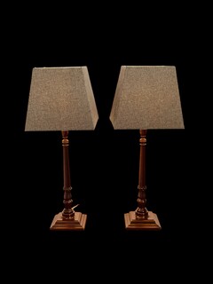 An English Antique Pair of Mahogany Lamp Stand having Handmade Shades.