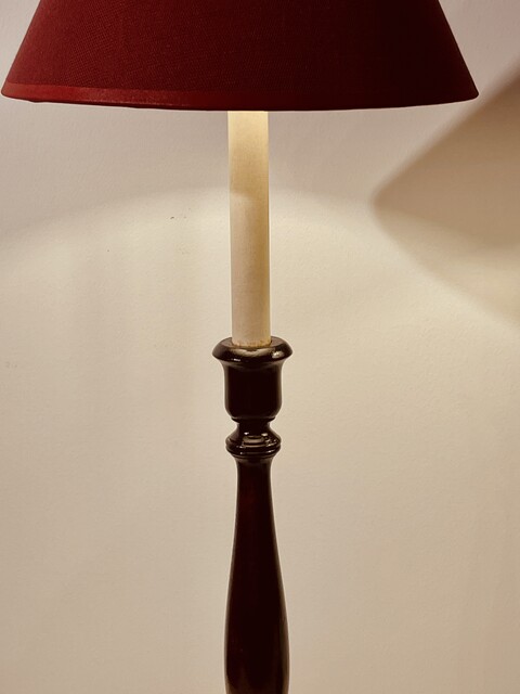 An English Antique Pair of Mahogany Table Lamps having Handmade Linnen Shades.