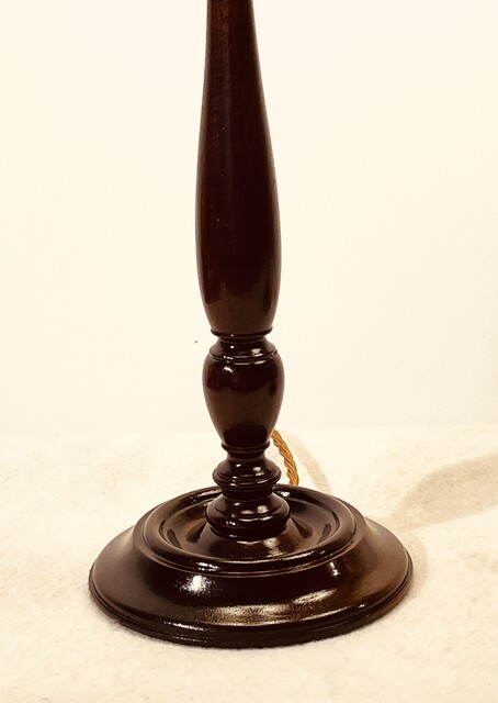 An English Antique Pair of Mahogany Table Lamps having Handmade Linnen Shades.