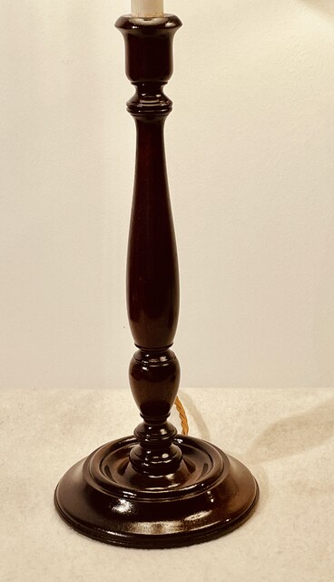 An English Antique Pair of Mahogany Table Lamps having Handmade Linnen Shades.