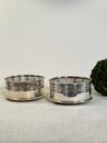 An English Art Deco Pair Silver Plated Wine Coasters having a Wood Turned Base.