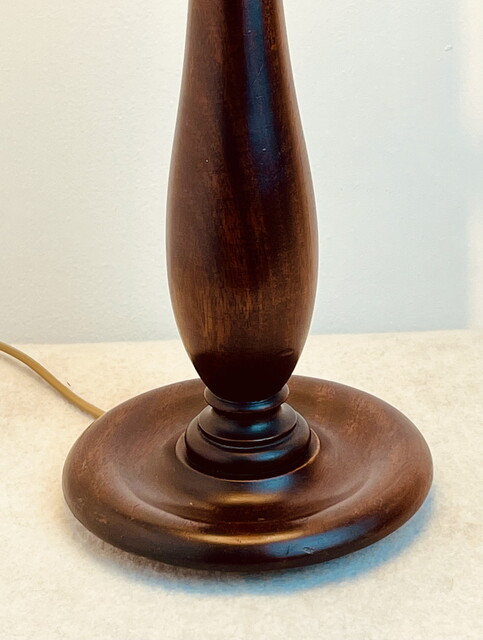 An English Early 20th Century Mahogany Lamp Stand having a Handmade Linen Shade. Special Price 250 €.