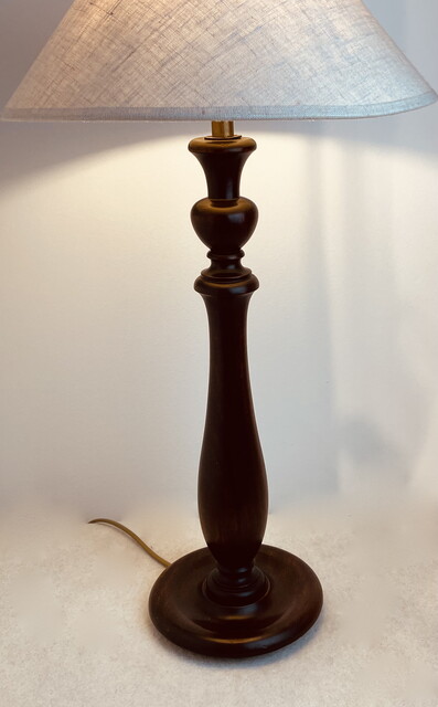 An English Early 20th Century Mahogany Lamp Stand having a Handmade Linen Shade. Special Price 250 €.
