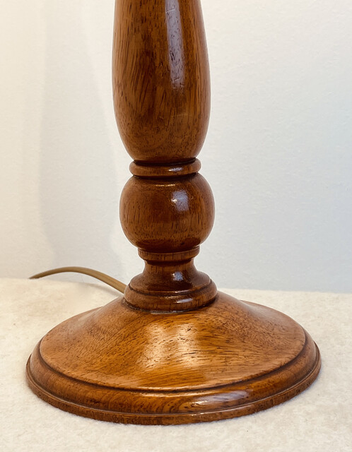 An English Early 20th Century Mahogany Lamp Stand having a Handmade Linen Shade. Special price 250 €.