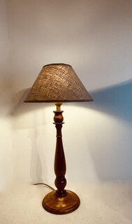 An English Early 20th Century Mahogany Lamp Stand having a Handmade Linen Shade. Special price 250 €.