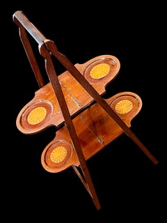 An English Edwardian Mahogany Folding Cake Stand with Satinwood Inlay.