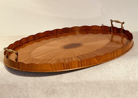 An English Edwardian Mahogany Tray with Brass Handles, all over inlay in Satinwood and other exotic woods.