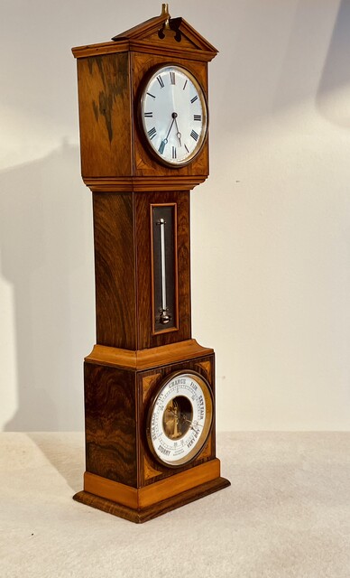 An English Edwardian Miniature Grandfather Clock, Barometer and Thermometer having a very nice Satinwood Inlay.