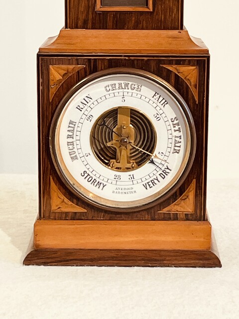 An English Edwardian Miniature Grandfather Clock, Barometer and Thermometer having a very nice Satinwood Inlay.