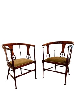 An English Edwardian Pair of Mahogany Tub Chairs having Satinwood Inlay