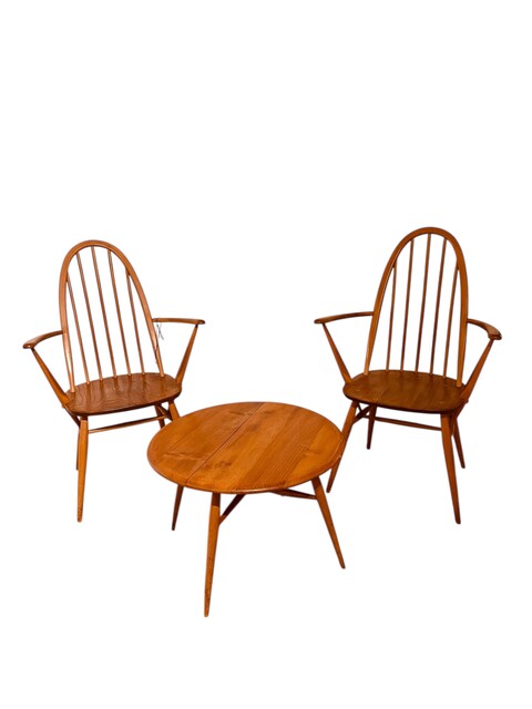 An English Set of Two Ercol Goldsmith Armchairs with Ercol Folding Coffee Table. Mid 20th Century. 