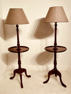 An unusual Pair of English Antique Mahogany Lamp Stands. The Shades are Handmade.