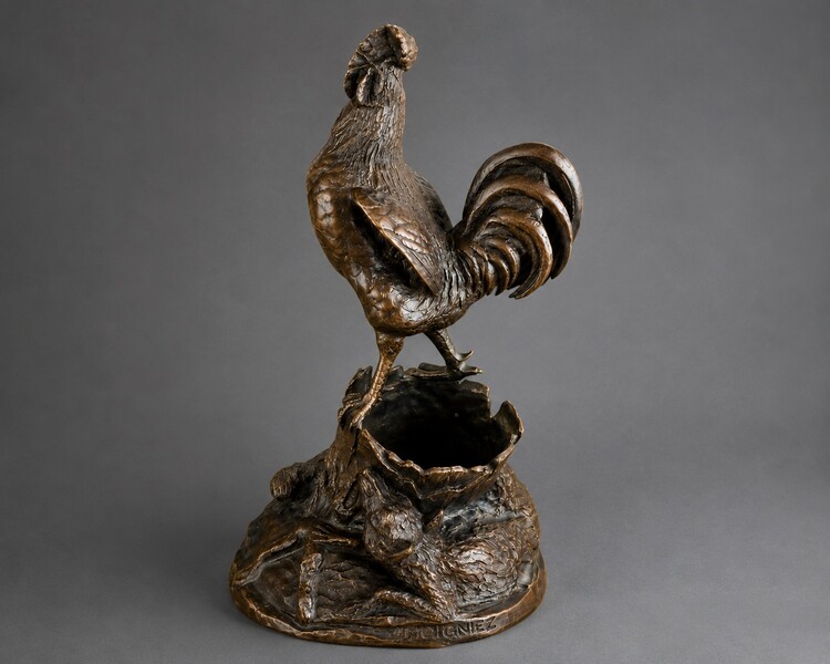 Fine 19th century French animalier bronze sculpture of a rooster by Jules Moigniez, featuring a fox and duck below. Rich original patina and exceptional detail.