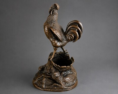 Fine 19th century French animalier bronze sculpture of a rooster by Jules Moigniez, featuring a fox and duck below. Rich original patina and exceptional detail.