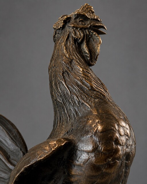 Fine 19th century French animalier bronze sculpture of a rooster by Jules Moigniez, featuring a fox and duck below. Rich original patina and exceptional detail.