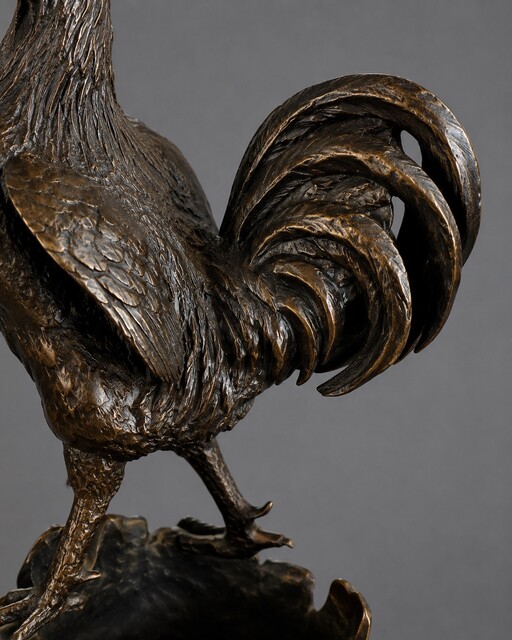 Fine 19th century French animalier bronze sculpture of a rooster by Jules Moigniez, featuring a fox and duck below. Rich original patina and exceptional detail.