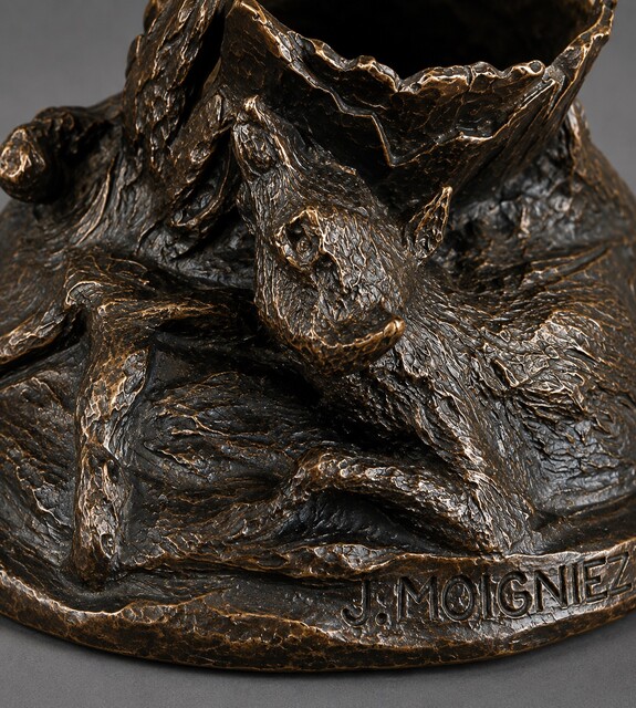 Fine 19th century French animalier bronze sculpture of a rooster by Jules Moigniez, featuring a fox and duck below. Rich original patina and exceptional detail.