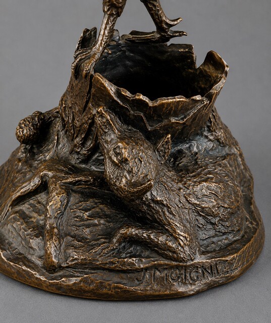 Fine 19th century French animalier bronze sculpture of a rooster by Jules Moigniez, featuring a fox and duck below. Rich original patina and exceptional detail.