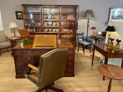 Overview of the shop and a Set of Three Mahogany Globe Wernicke Bookcases.