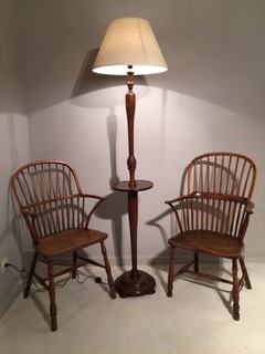 Rare English Antique Oak Lamp Stand and Two 18th Century Windsor Chairs.