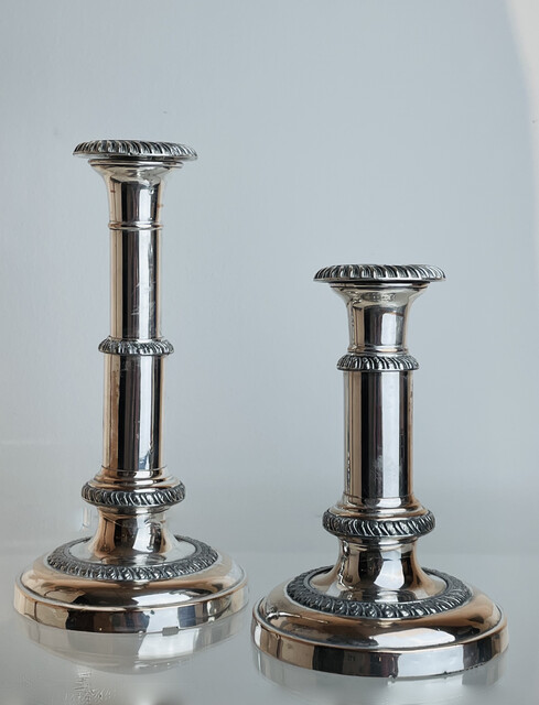 Telescopic Pair of Candlesticks. Silver Plated. William IV, England