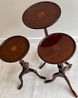 Three Edwardian Mahogany Wine Tasting Tables having a Satin Wood Inlay.