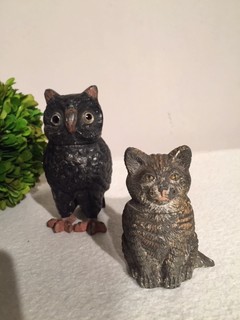 Two 19th Century English Cold Painted Inkwells in the form of an Owl and a Cat.