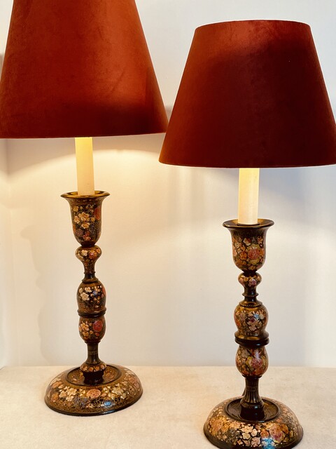 Two 19th Century Kashmiri Table Lamp Stands, Handpainted and having Beautiful Handmade Shades.