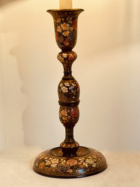 Two 19th Century Kashmiri Table Lamp Stands, Handpainted and having Beautiful Handmade Shades.