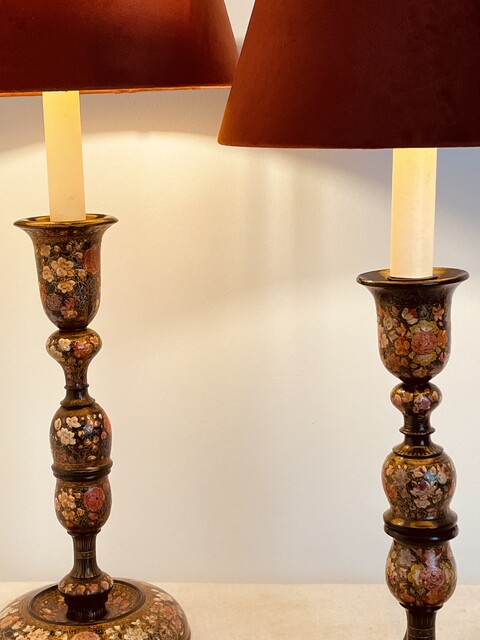 Two 19th Century Kashmiri Table Lamp Stands, Handpainted and having Beautiful Handmade Shades.