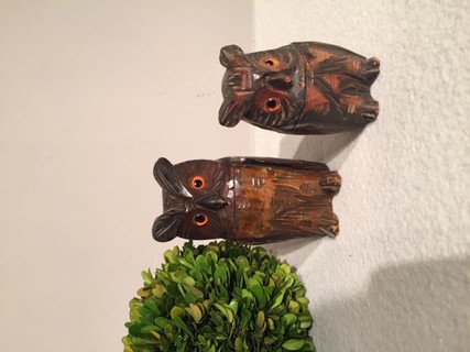 Two English Carved Inkwells in the Form of Owls with Glass Eyes. Ca. 1900.