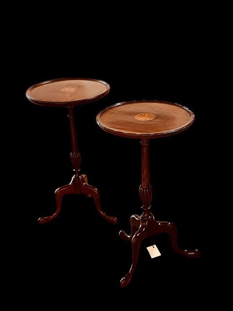 Two English Edwardian Mahogany Inlaid Tripod Wine Tasting Tables.