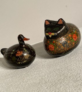 Two Kashmiri Paper Maché Hand Painted Powder Boxes in the form of a Duck and a Cat.