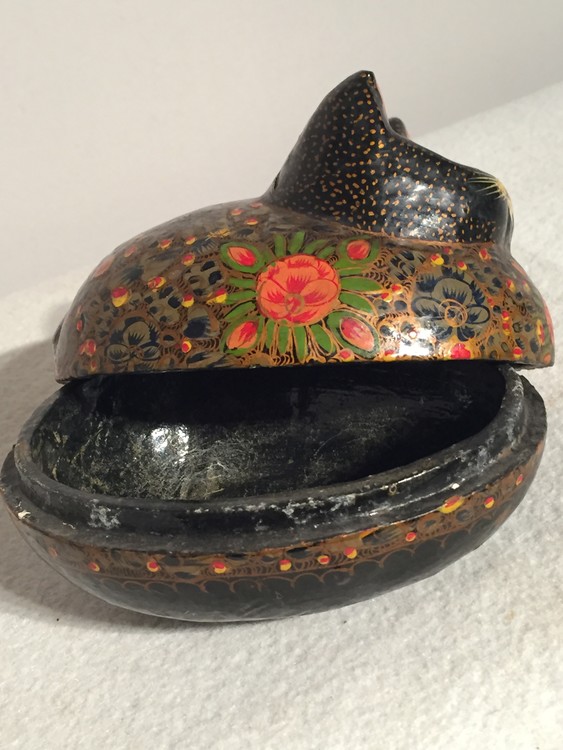 Two Kashmiri Paper Maché Hand Painted Powder Boxes in the form of a Duck and a Cat.